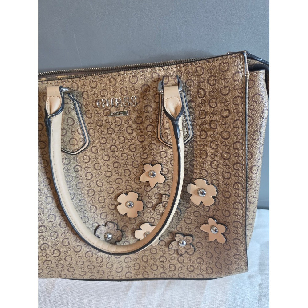 Guess Brown Monogram Floral Satchel Handbag Leopard Print Lining Triple Section